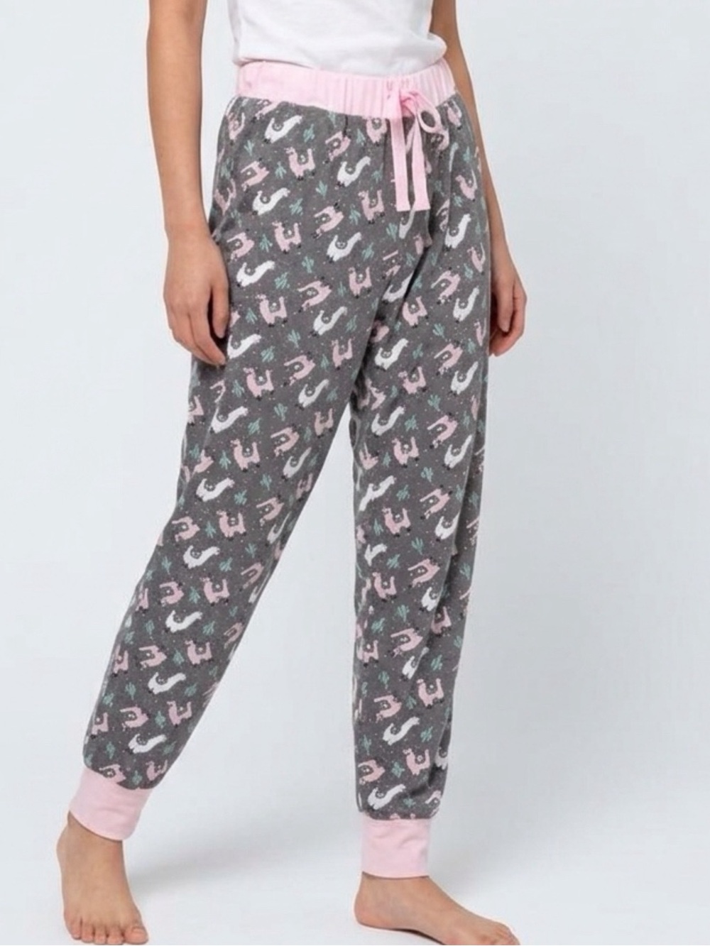 Bobbie Brooks Women's Pajama Pants Size S Gray Pink Llama Print Elastic Waist